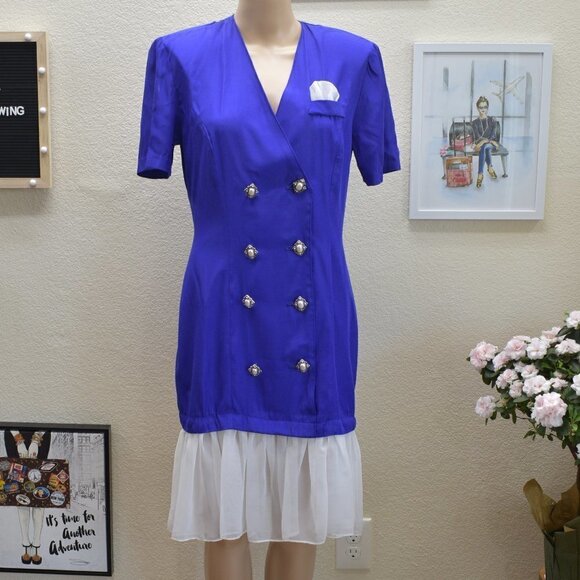 80's Vintage Double Breasted Blue Dress - Picture 1 of 7